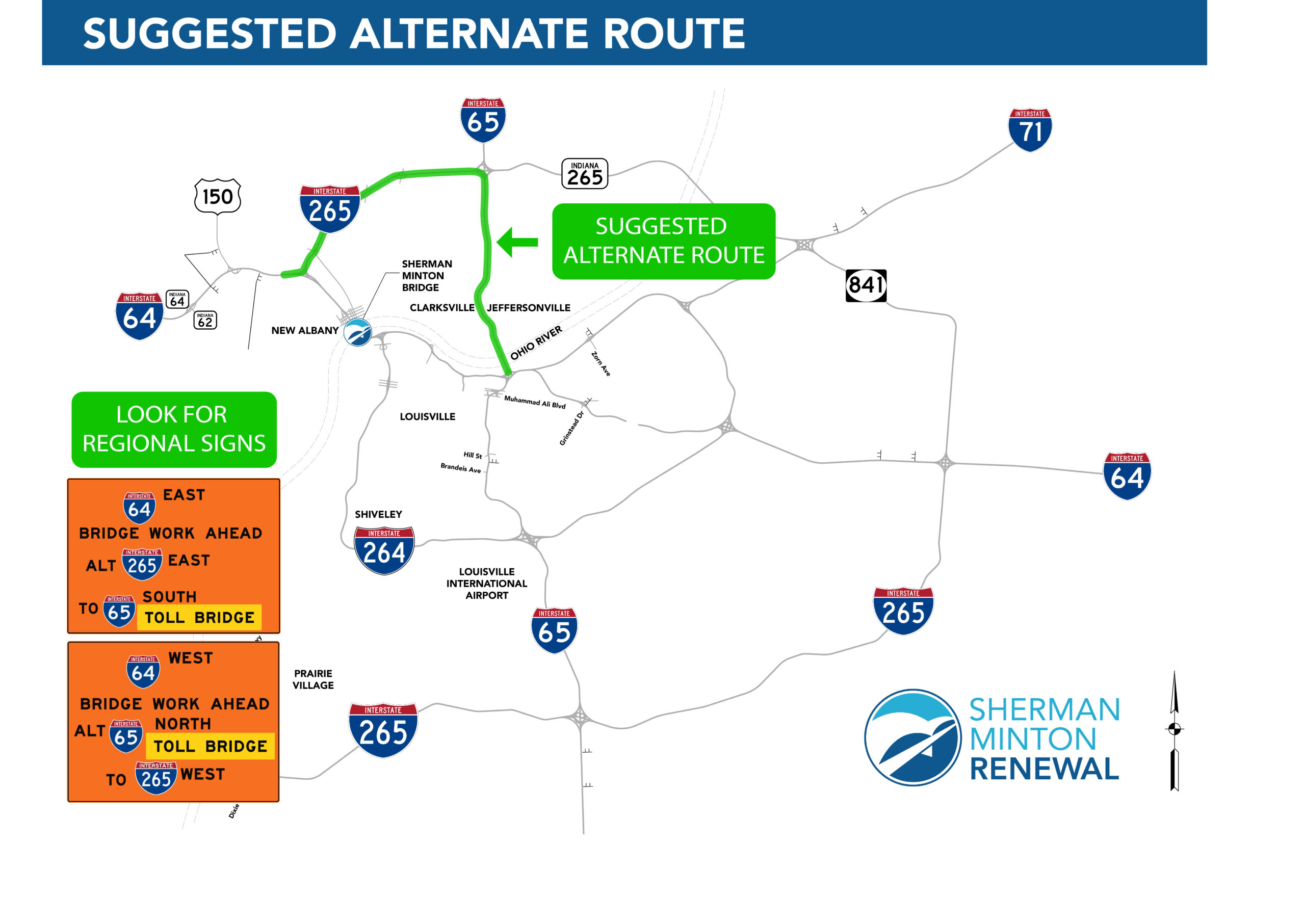 A white map showing the alternate route for the Sherman Minton Bridge temporary closures.